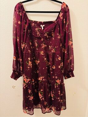 Maurices Burgundy Floral Long Sleeve Smocked Dress